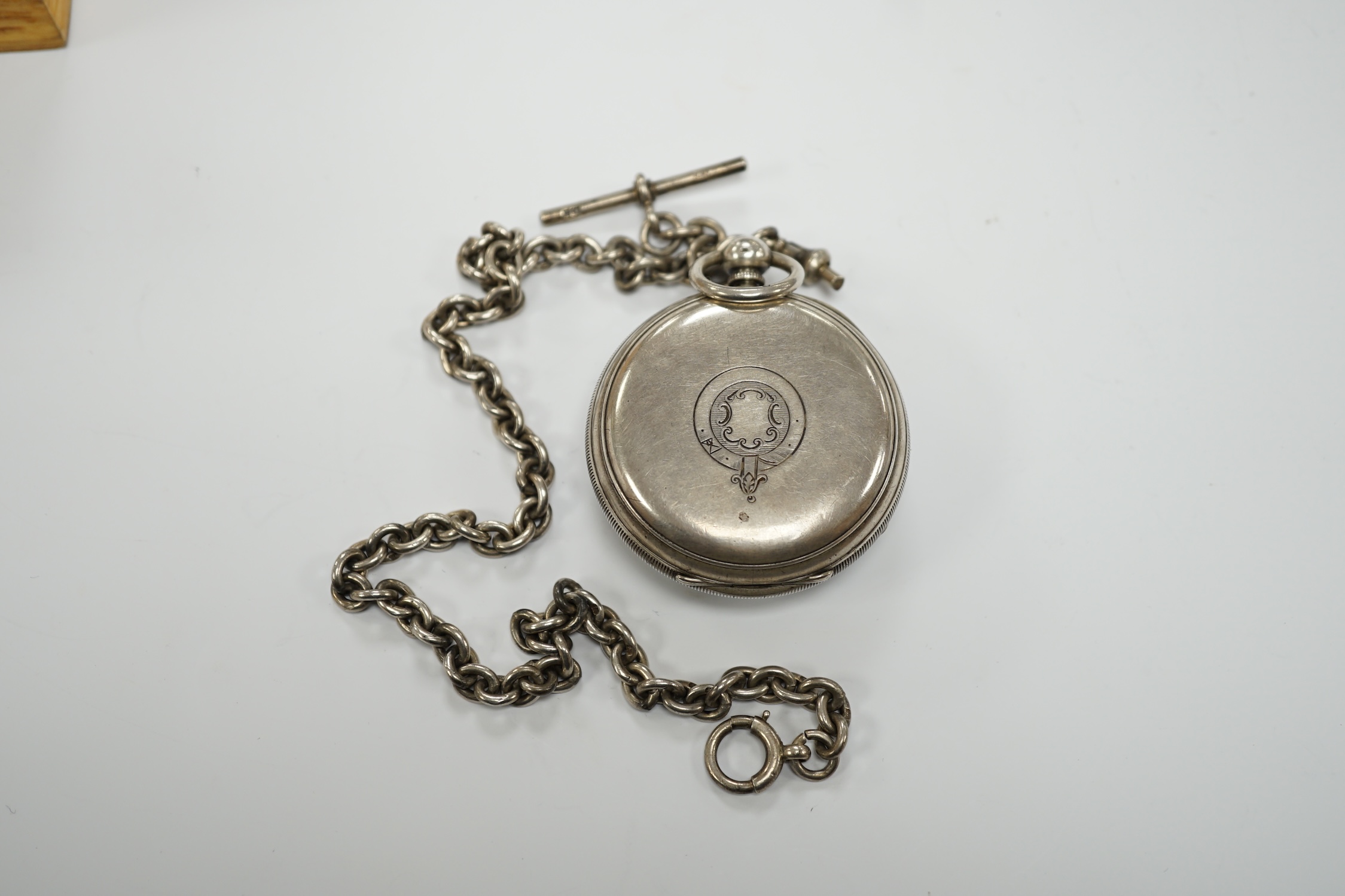 A Victorian silver open face pocket watch by Gaydon of Barnstaple and a silver albert.